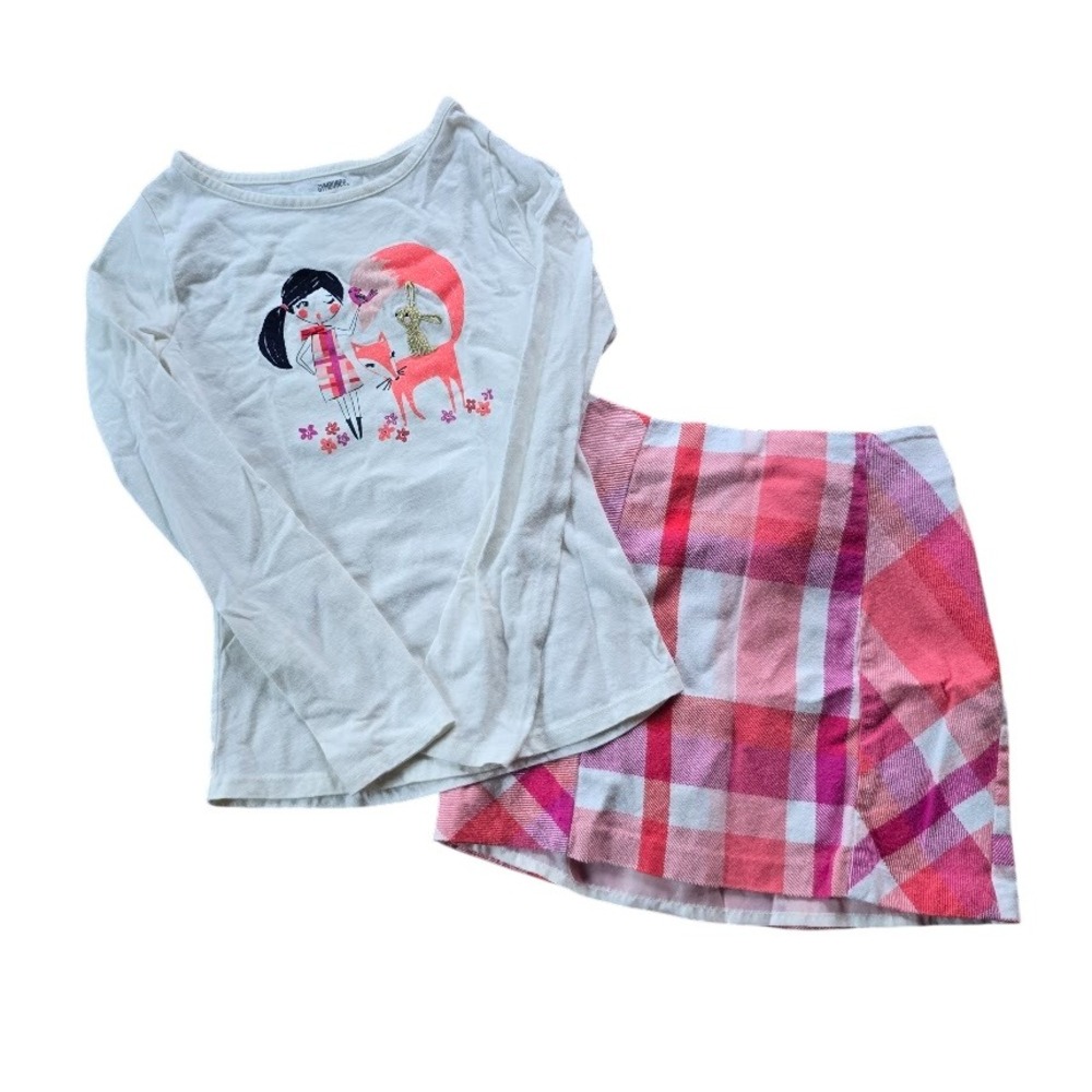 Gymboree 2pc Skirt Set Kids Size 12 Pink Plaid Fox Graphic Woodland Preppy Core‎